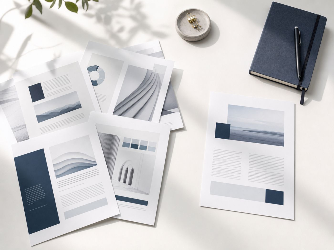 Printed reports laid out on a desk, with one page set apart from the rest