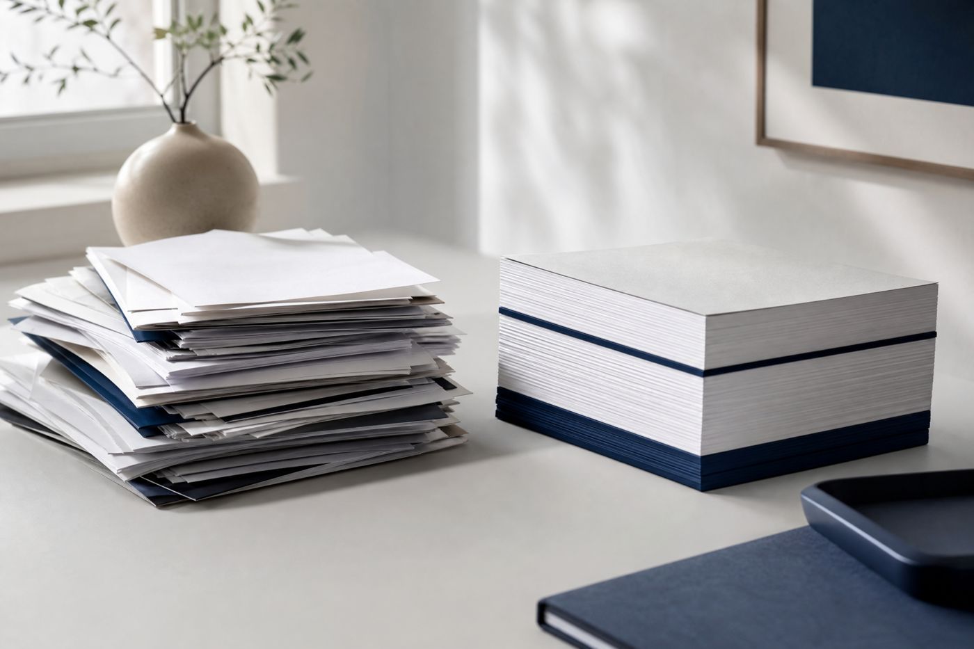 An uneven pile of papers beside one neat, refined stack on a desk