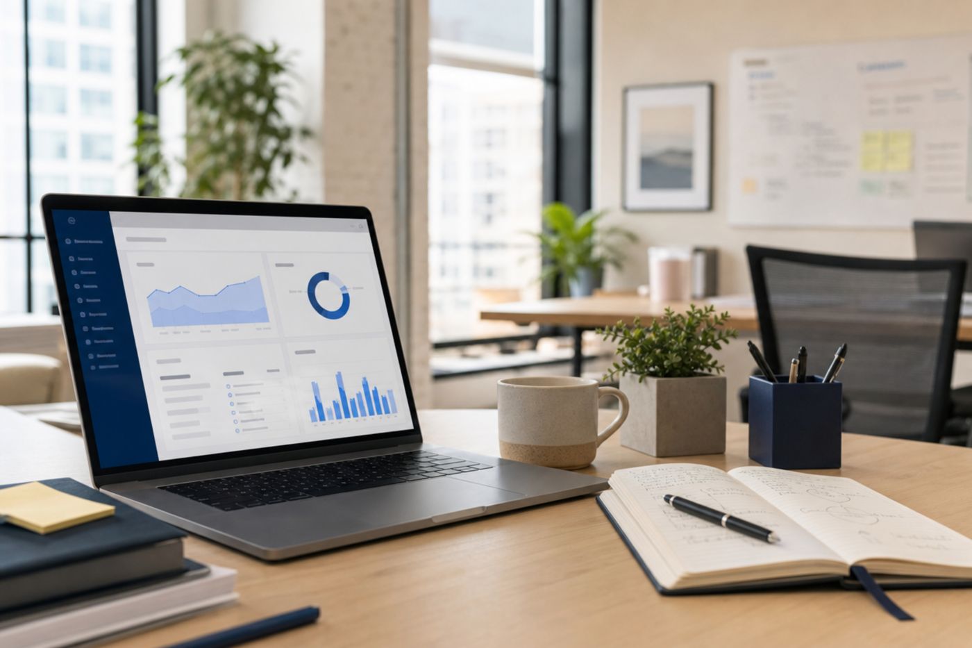 A laptop showing a business data dashboard on a desk in a bright office