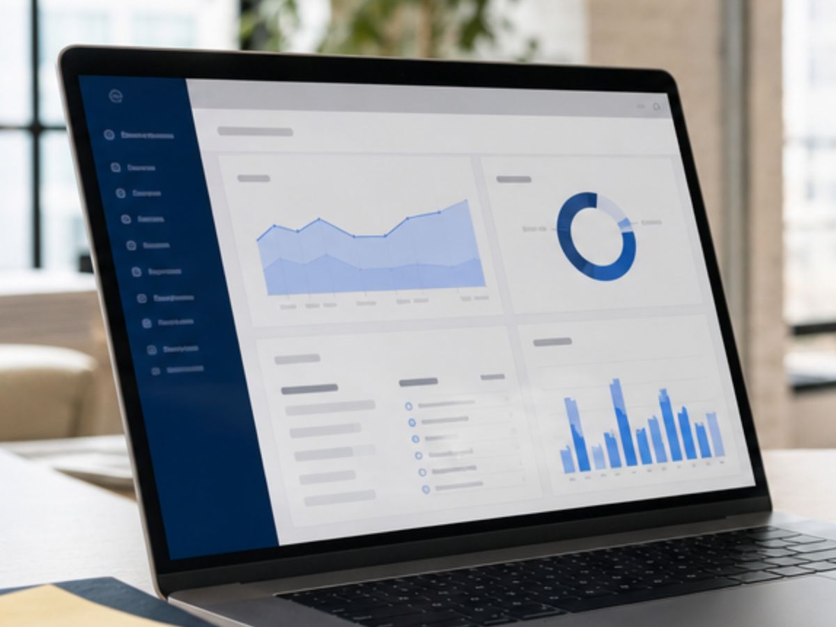A laptop showing a business data dashboard