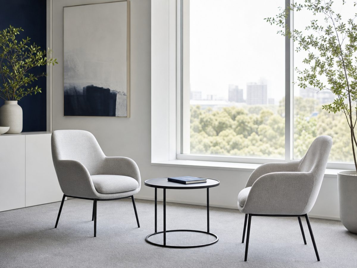 Two armchairs and a small table by a bright window